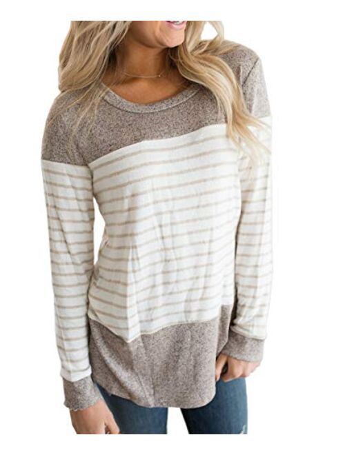 Vemvan Womens Long Sleeve Round Neck T Shirts Color Block Striped Causal Blouses Tops