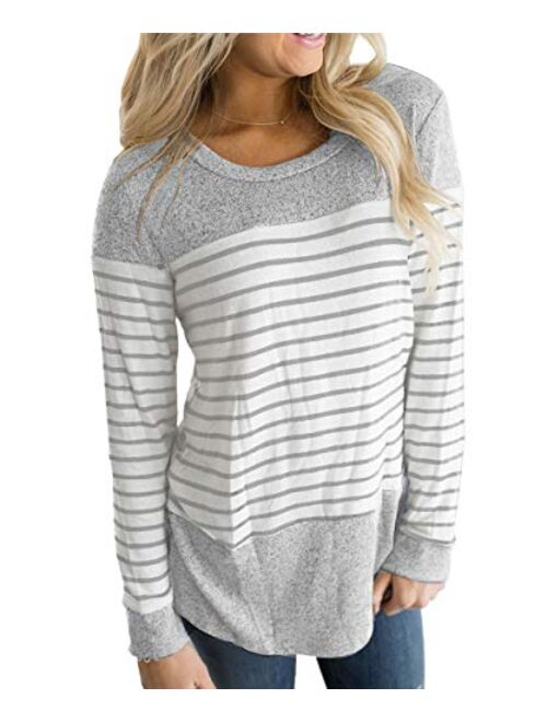 Vemvan Womens Long Sleeve Round Neck T Shirts Color Block Striped Causal Blouses Tops