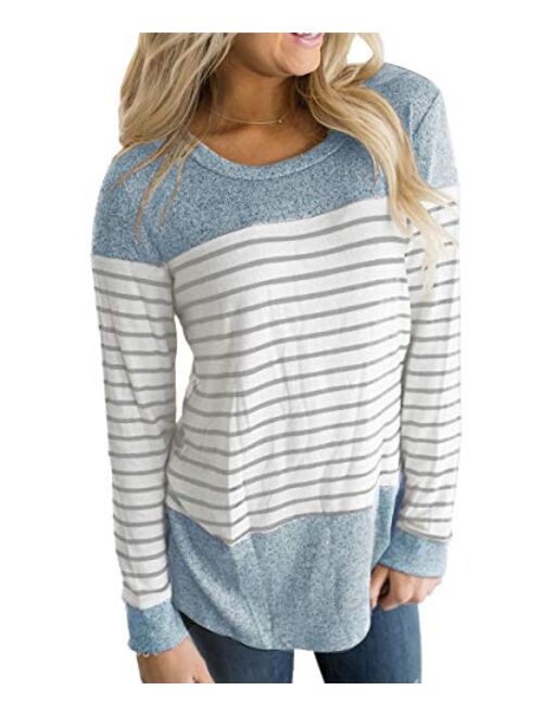 Vemvan Womens Long Sleeve Round Neck T Shirts Color Block Striped Causal Blouses Tops