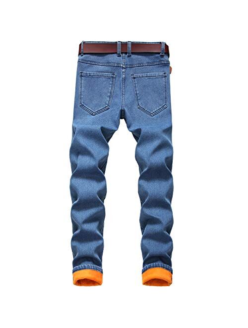 DANT BULUN Men's Flannel Lined Slim Fit Straight Leg Winter Thicken Stretch Jeans