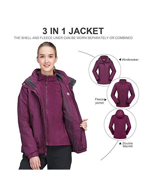 CAMEL CROWN Women's Waterproof Ski Jacket 3-in-1 Winter Coat Windbreaker Fleece Inner for Snow Rain Hiking Outdoor