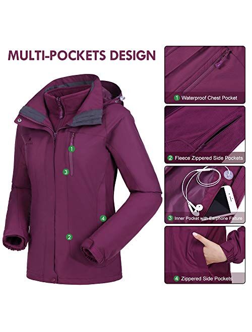 CAMEL CROWN Women's Waterproof Ski Jacket 3-in-1 Winter Coat Windbreaker Fleece Inner for Snow Rain Hiking Outdoor