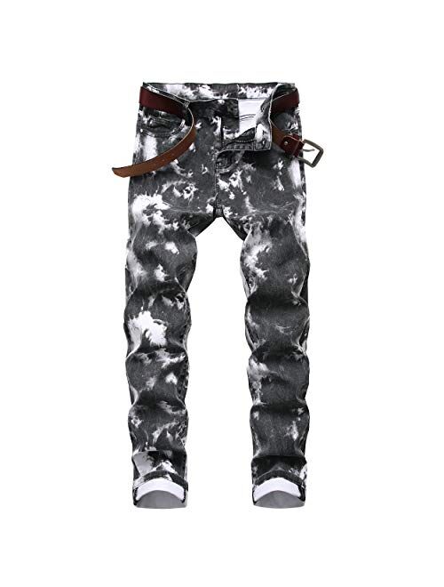 DANT BULUN Men's Fashion Casual Printed Jeans Stretch Skinny Denim Jogger Pants