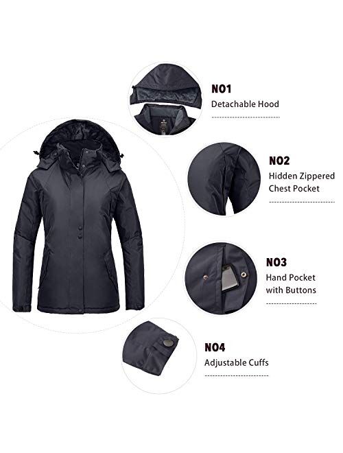 Wantdo Women's Waterproof Winter Coat Warm Fleece Puffer Jacket Thicken Windbreaker with Removable Hood