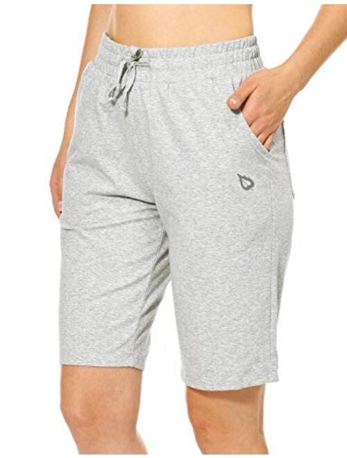 BALEAF Athletic Workout Cotton Lounge Shorts for Women Long Bermuda Running Sweat Gym Stretchy Pajama with Pockets