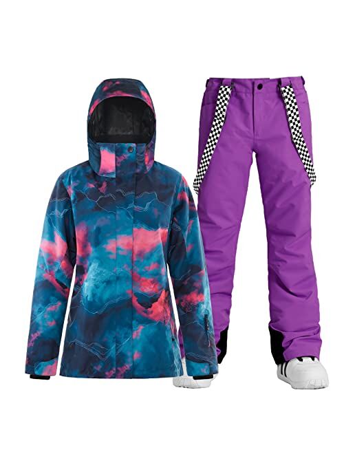 Women's Ski Bib Suit Jacket Waterproof Snowboard Colorful Printed Ski Jacket and Pants Set