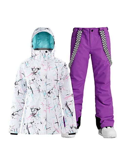 Women's Ski Bib Suit Jacket Waterproof Snowboard Colorful Printed Ski Jacket and Pants Set