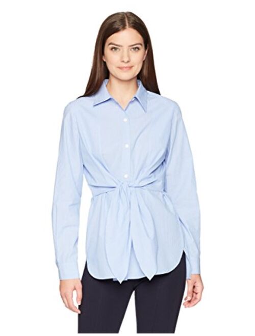 Lark & Ro Women's Standard Woven Collared Top W/Roll Up Sleeve with Button