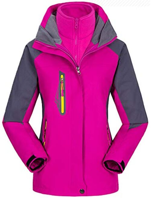 AbelWay Women's Mountain Waterproof Windproof Fleece 3 in 1 Ski Jacket Hooded Rain Coat