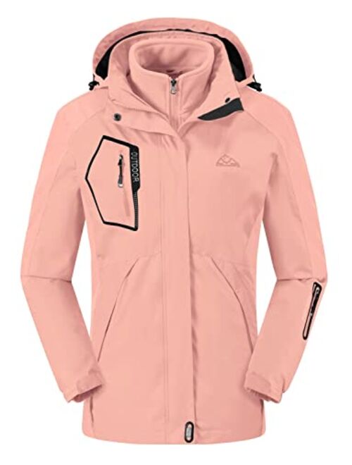 Rdruko Women's Outdoor 3-in-1 Waterproof Ski Jacket Fleece Inner Winter Coat with Detachable Hood