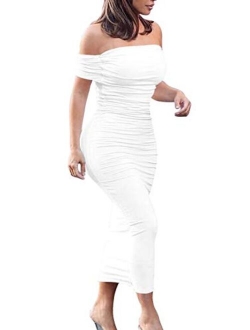 GOBLES Women's Ruched Off Shoulder Short Sleeve Bodycon Midi Elegant Cocktail Party Dress