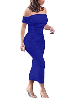 GOBLES Women's Ruched Off Shoulder Short Sleeve Bodycon Midi Elegant Cocktail Party Dress