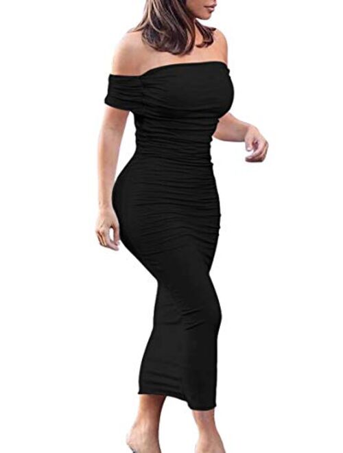 GOBLES Women's Ruched Off Shoulder Short Sleeve Bodycon Midi Elegant Cocktail Party Dress