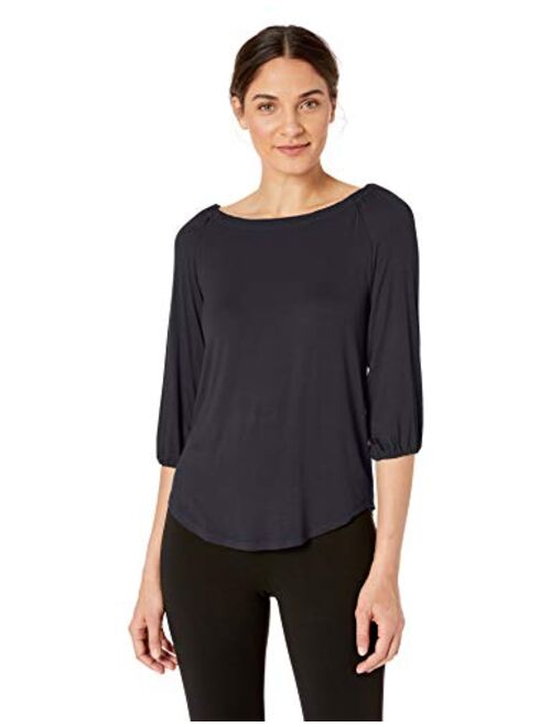 Amazon Brand - Lark & Ro Women's Three Quarter Sleeve Gathered Bateau Neck Knit Top