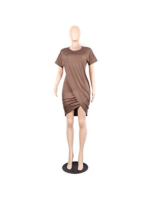 Ophestin Women Short Sleeve Solid Color Bodycon Tight Ruched Wrap T Shirt Mini Short Dress