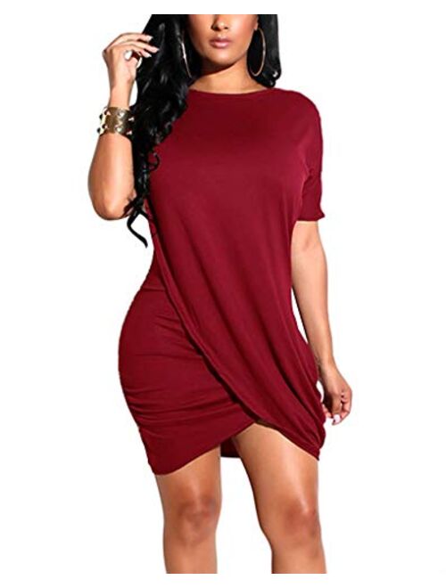 Ophestin Women Short Sleeve Solid Color Bodycon Tight Ruched Wrap T Shirt Mini Short Dress