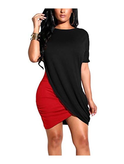 Ophestin Women Short Sleeve Solid Color Bodycon Tight Ruched Wrap T Shirt Mini Short Dress