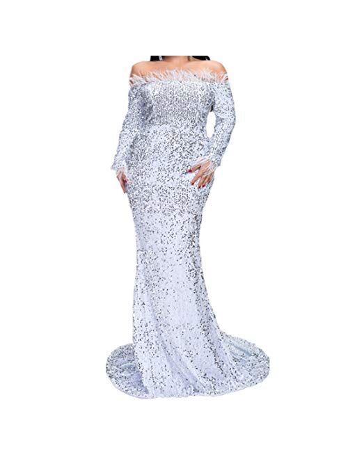 Women Strapless Off Shoulder Backless Long Sleeve Floor Length Feather Sequin Wedding Evening Party Maxi Dress