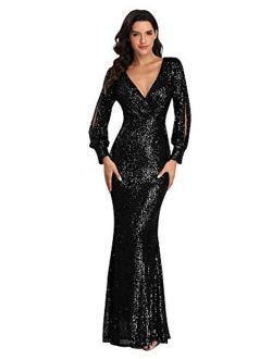 Women's Shinny Sequin Mermaid Evening Dress Sleeve Prom Gown