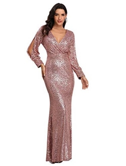 Women's Shinny Sequin Mermaid Evening Dress Sleeve Prom Gown