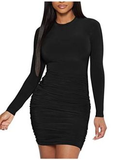 Mokoru Women's Sexy Basic Elegant Long Sleeve Ruched Bodycon Club Party Mini Dress