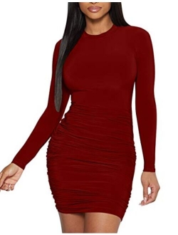 Mokoru Women's Sexy Basic Elegant Long Sleeve Ruched Bodycon Club Party Mini Dress