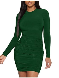 Mokoru Women's Sexy Basic Elegant Long Sleeve Ruched Bodycon Club Party Mini Dress