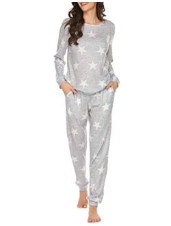 Womens Pajama Set Long Sleeve Sleepwear Star Print Cotton Nightwear Soft Pjs Lounge Sets with Pockets