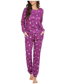 Womens Pajama Set Long Sleeve Sleepwear Star Print Cotton Nightwear Soft Pjs Lounge Sets with Pockets