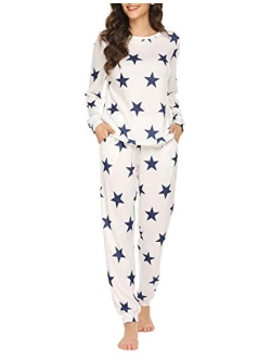 Womens Pajama Set Long Sleeve Sleepwear Star Print Cotton Nightwear Soft Pjs Lounge Sets with Pockets