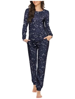 Womens Pajama Set Long Sleeve Sleepwear Star Print Cotton Nightwear Soft Pjs Lounge Sets with Pockets