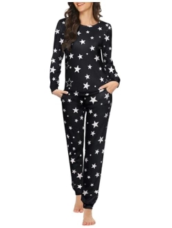 Womens Pajama Set Long Sleeve Sleepwear Star Print Cotton Nightwear Soft Pjs Lounge Sets with Pockets