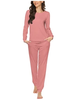 Womens Pajama Set Long Sleeve Sleepwear Star Print Cotton Nightwear Soft Pjs Lounge Sets with Pockets