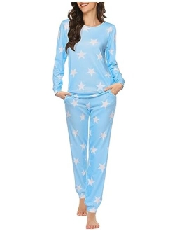 Womens Pajama Set Long Sleeve Sleepwear Star Print Cotton Nightwear Soft Pjs Lounge Sets with Pockets