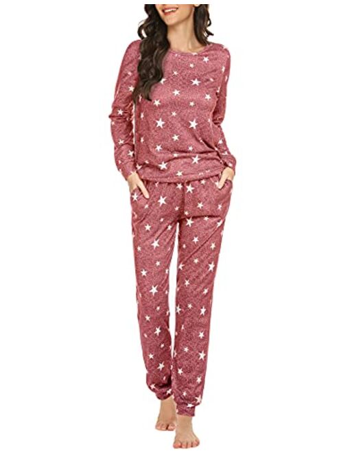 Ekouaer Womens Pajama Set Long Sleeve Sleepwear Star Print Cotton Nightwear Soft Pjs Lounge Sets with Pockets