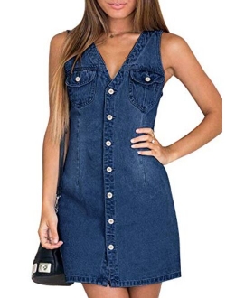 luvamia Women's Casual V Neck Sleeveless Jeans Button Down Denim Short Dress