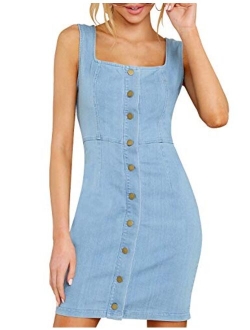 luvamia Women's Casual V Neck Sleeveless Jeans Button Down Denim Short Dress