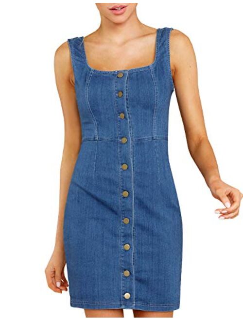 luvamia Women's Casual V Neck Sleeveless Jeans Button Down Denim Short Dress