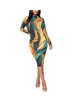 ECHOINE Women Sexy Floral Print Deep V Neck Short Sleeve Zip Bodycon Pencil Long Dress Club Outfits