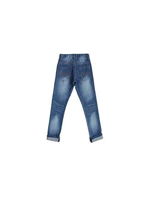 Bienzoe Boy's Cotton Adjustable Waist Slim Denim Pants Blue Jeans