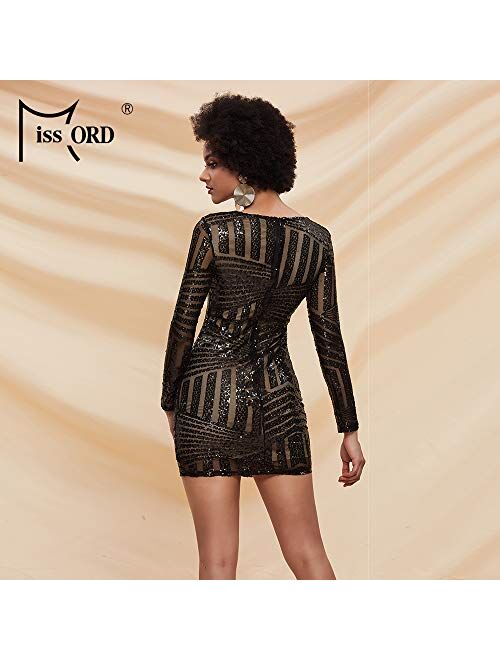 Miss ord Women's V Neck Long Sleeve Sequined Cocktail Mini Dress