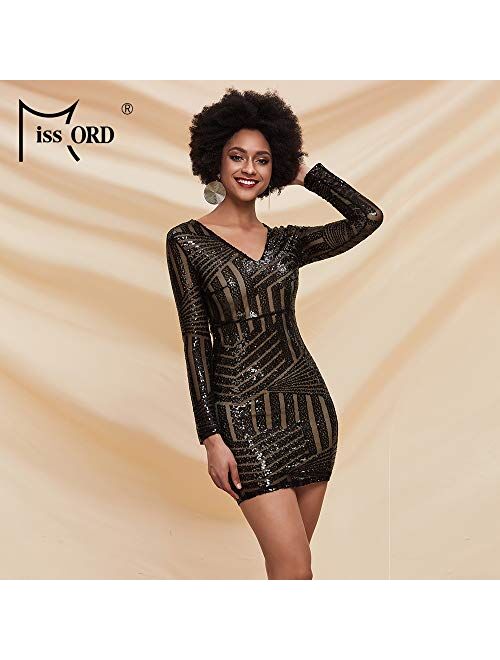 Miss ord Women's V Neck Long Sleeve Sequined Cocktail Mini Dress