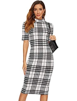 Women's Short Sleeve Plaid Grid Round Neck Elegant Sheath Pencil Bodycon Dress