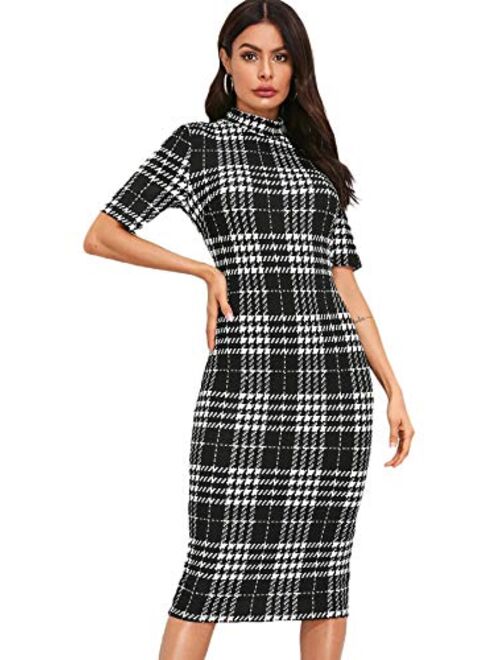 SheIn Women's Short Sleeve Plaid Grid Round Neck Elegant Sheath Pencil Bodycon Dress