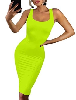 BEAGIMEG Women's Sexy Bodycon Sleeveless Pencil Knee Length Club Tank Dress