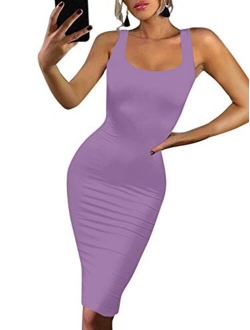 BEAGIMEG Women's Sexy Bodycon Sleeveless Pencil Knee Length Club Tank Dress