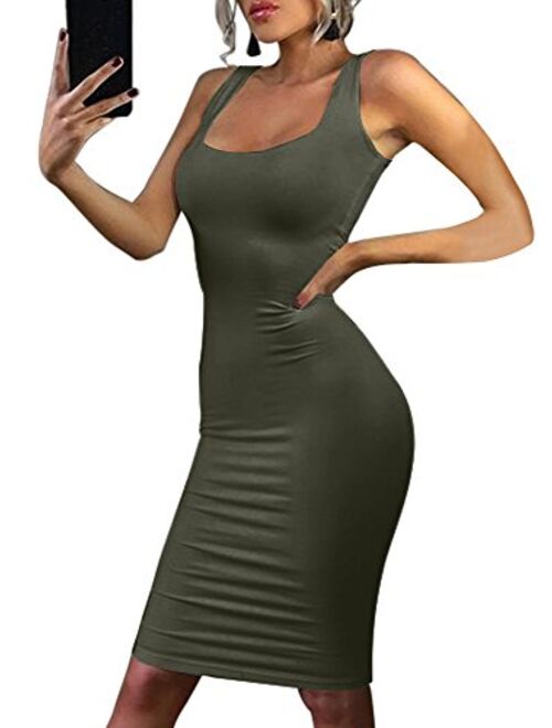 BEAGIMEG Women's Sexy Bodycon Sleeveless Pencil Knee Length Club Tank Dress