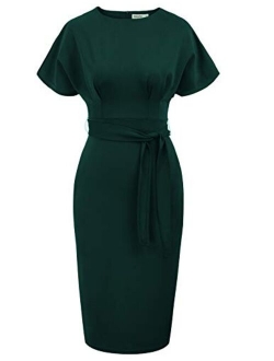 JASAMBAC Women's Bodycon Pencil Dress Office Wear to Work Dresses with Pocket Belt