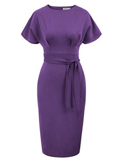 JASAMBAC Women's Bodycon Pencil Dress Office Wear to Work Dresses with Pocket Belt