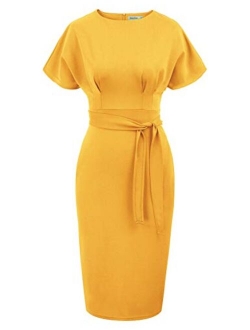 JASAMBAC Women's Bodycon Pencil Dress Office Wear to Work Dresses with Pocket Belt